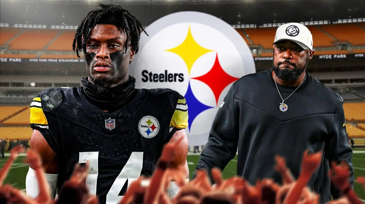 George Pickens and Mike Tomlin in Steelers gear with Steelers logo behind them