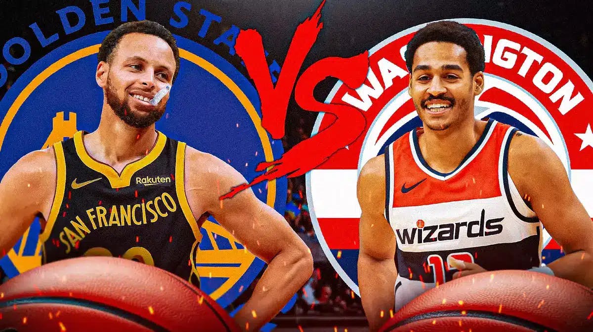 Steph Curry on one side looking happy, Jordan Poole on other side looking happy, Warriors logo with Steph, Wizards logo with Poole, the VS. text in middle, basketball court in background