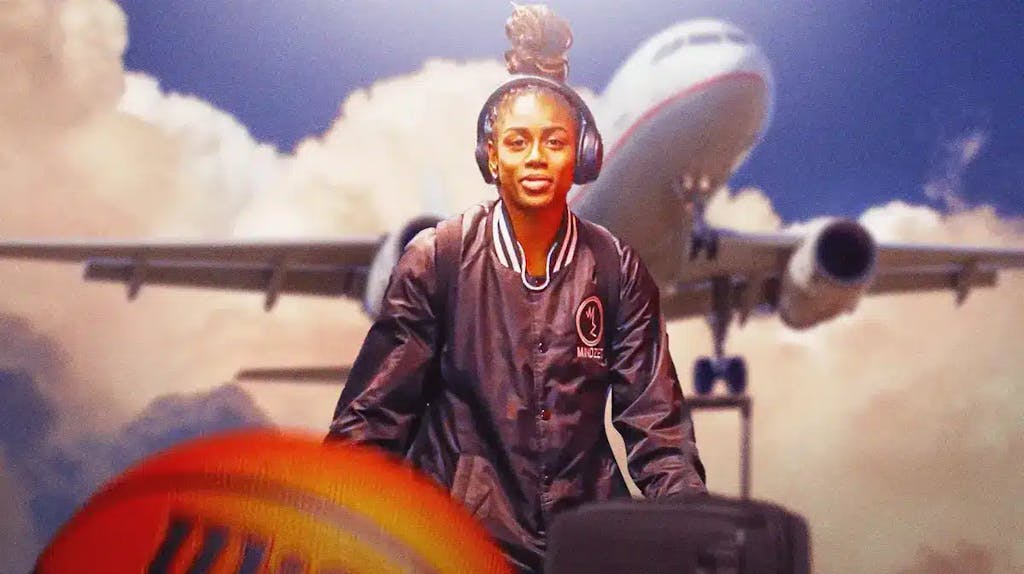 Connecticut Sun WNBA player Tiffany Hayes, with an airplane in the background to represent her going oversees, and basketballs