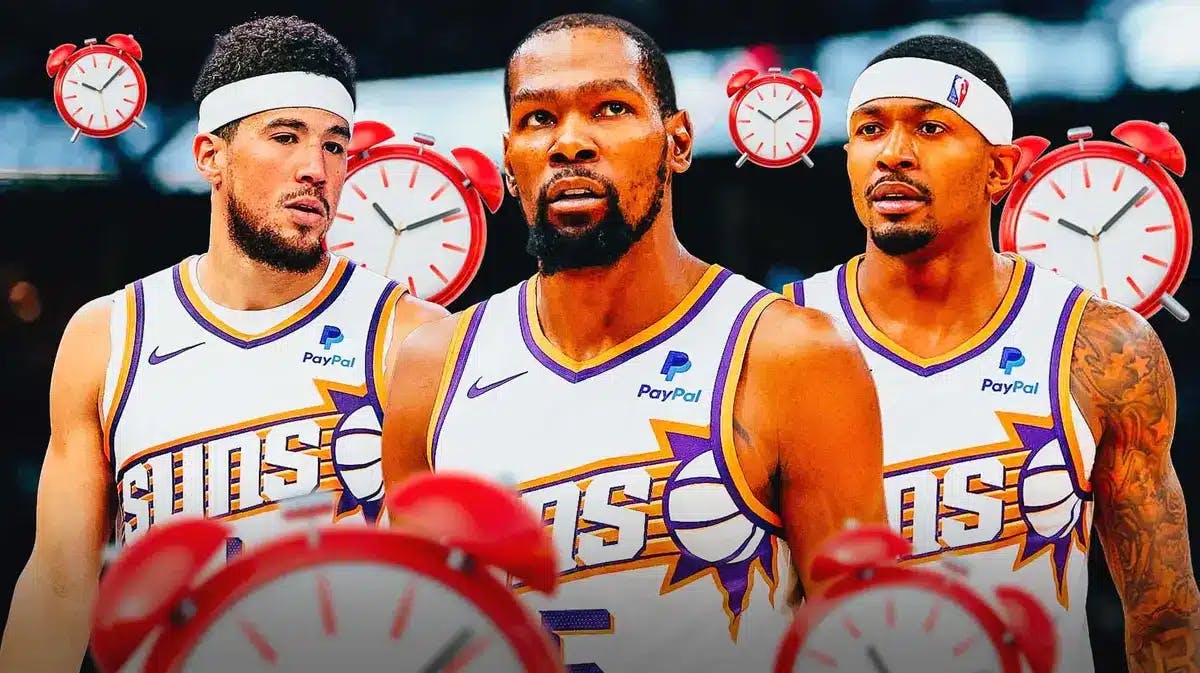 Suns' Kevin Durant, Devin Booker, and Bradley Beal all looking tired, with plenty of clocks in the background