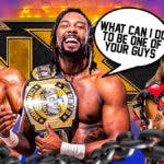 Swerve Strickland with a text bubble reading “What can I do to be one of your guys?” with Triple H on his left and Shawn Michaels on his right with the NXT logo as the background.