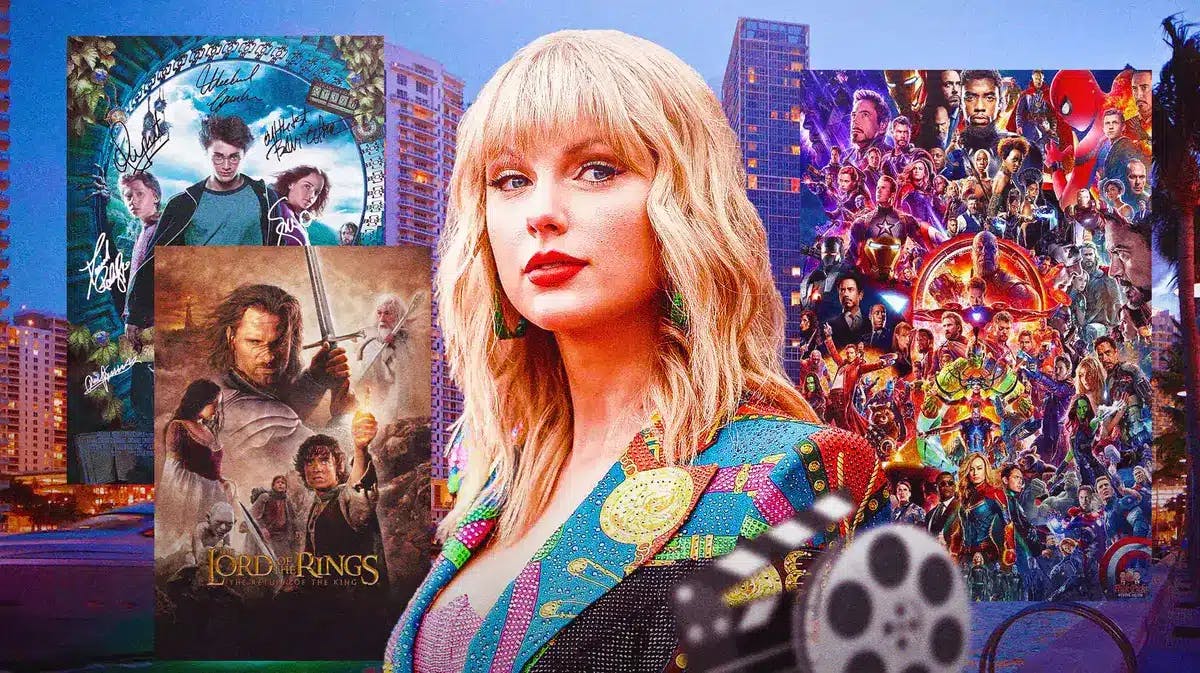 Taylor Swift surrounded by imagery from Harry Potter, the Marvel MCU and Lord of the Rings