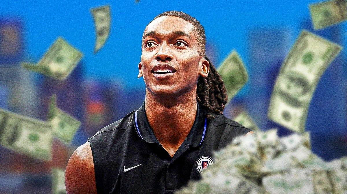 Terance Mann surrounded by piles of cash.