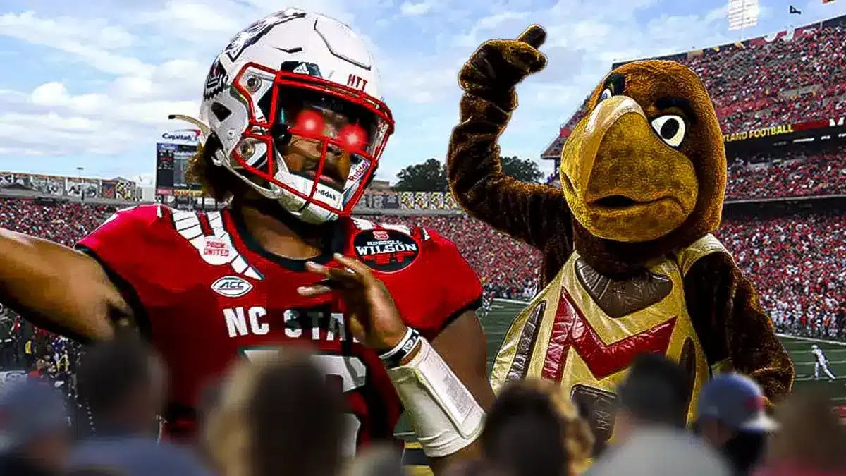 MJ Morris (NC State) with Maryland football mascot