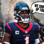Houston Texans' Jimmie Ward and speech bubble “We Showed Up Today”