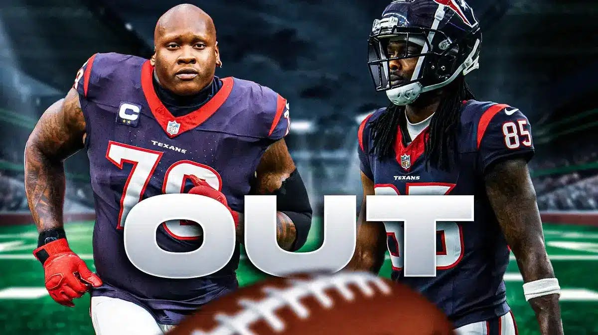 Houston Texans' Laremy Tunsil and Noah Brown and a text graphic “Out” on bottom of image.