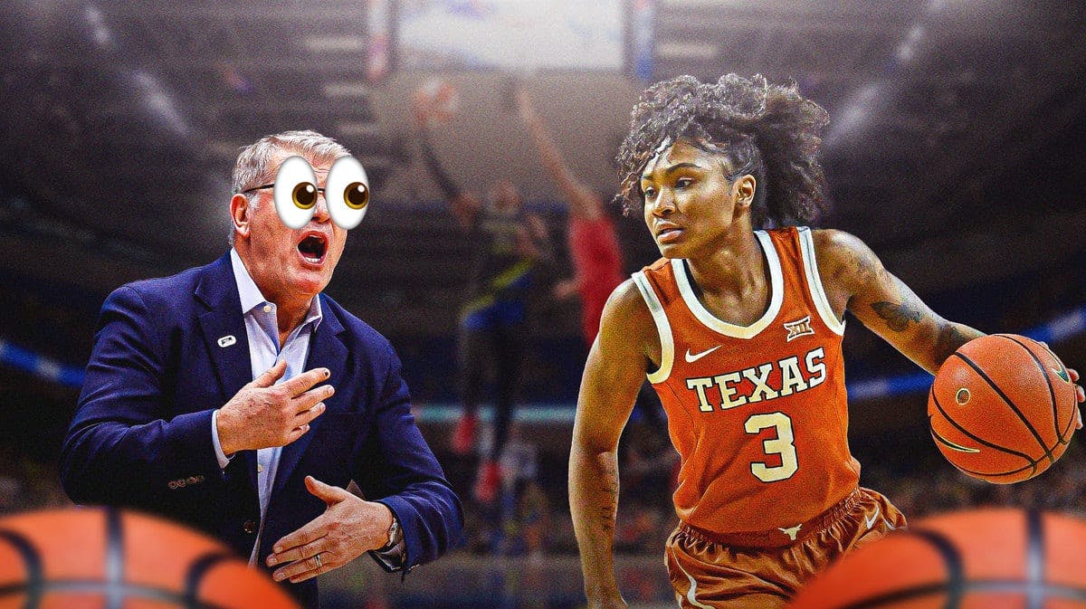 ACTION SHOT of Rori Harmon (Texas women's basketball) on fire and with Geno Auriemma (UConn) with eyes emoji
