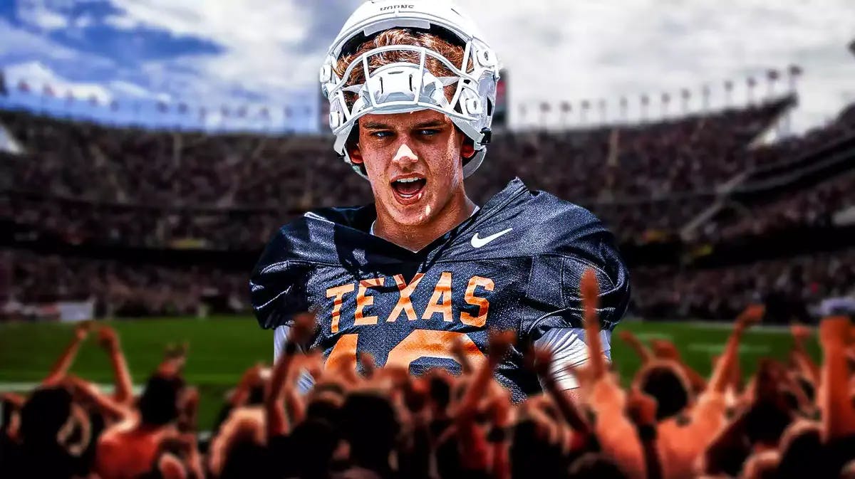 Texas football star Arch Manning in front of Texas Memorial Stadium.