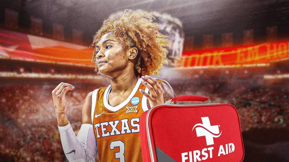 Texas women’s basketball player Rori Harmon on a basketball court, with the injury emoji around her
