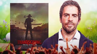 Thanksgiving movie poster next to Eli Roth and Easter background.