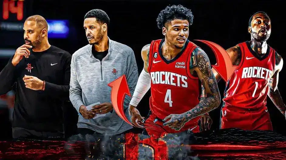 Rockets Jalen Green in the middle appearing visibly frustrated with a red downward arrow beside him or a faded spotlight to symbolize the decline. also have graphics of Rockets Stephen Silas, Ime Udoka, and Rockets John Wall faded around Jalen Green in the background