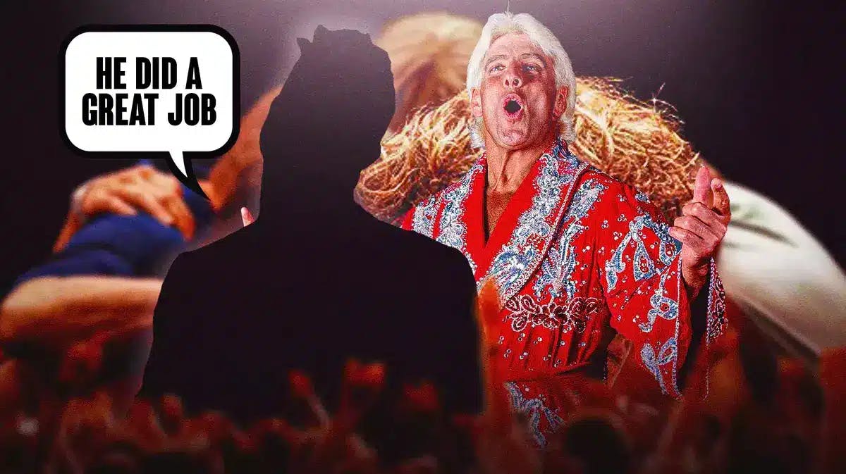 The blacked-out silhouette of Ryan Nemeth with a text bubble reading “He did a great job” next to Ric Flair from the movie The Iron Claw with the The Iron Claw poster as the background.