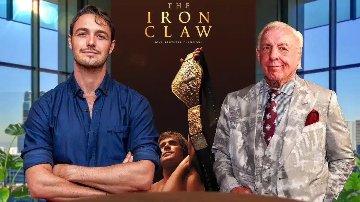 Aaron Dean Eisenberg next to Ric Flair with the The Iron Claw poster as the background.