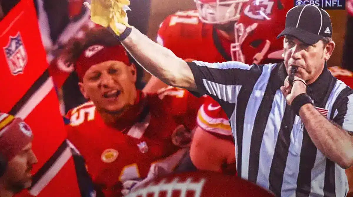Still of Patrick Mahomes being held back on the sidelines as he yells at the officials in the Chiefs game against the Bills, alongside an image of a referee throwing a flag