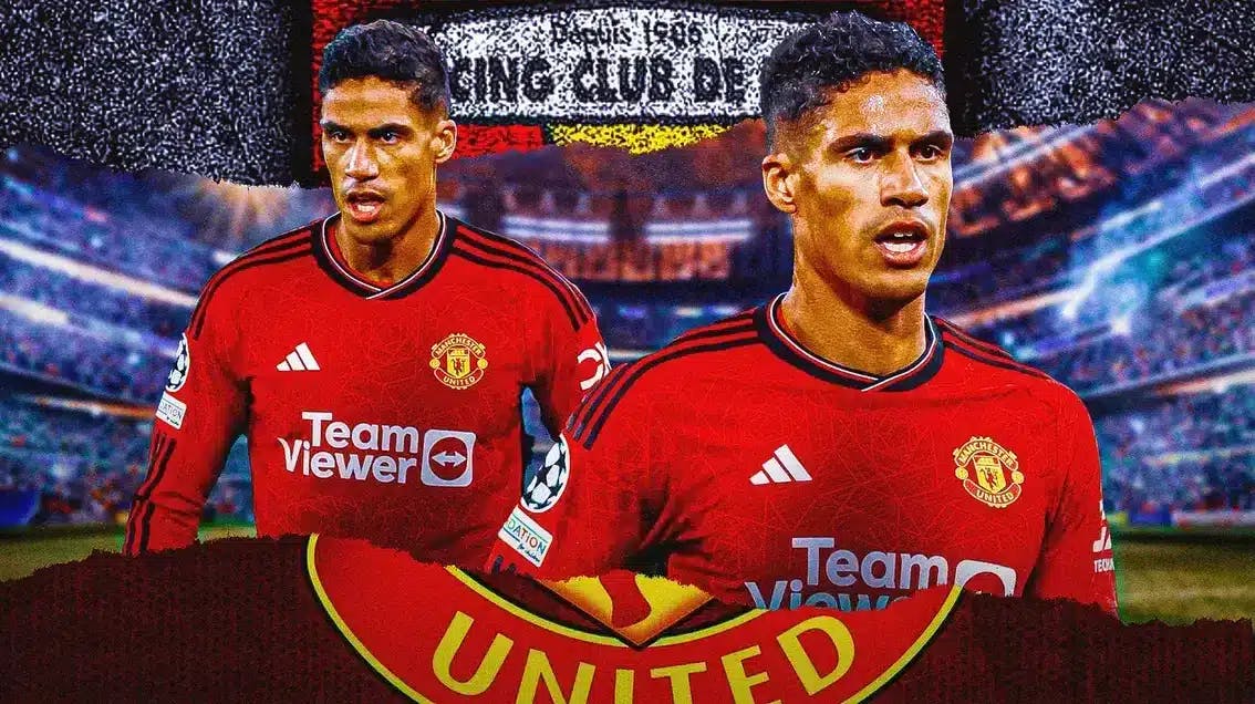 Raphael Varane in front of the Manchester United and Lens logos