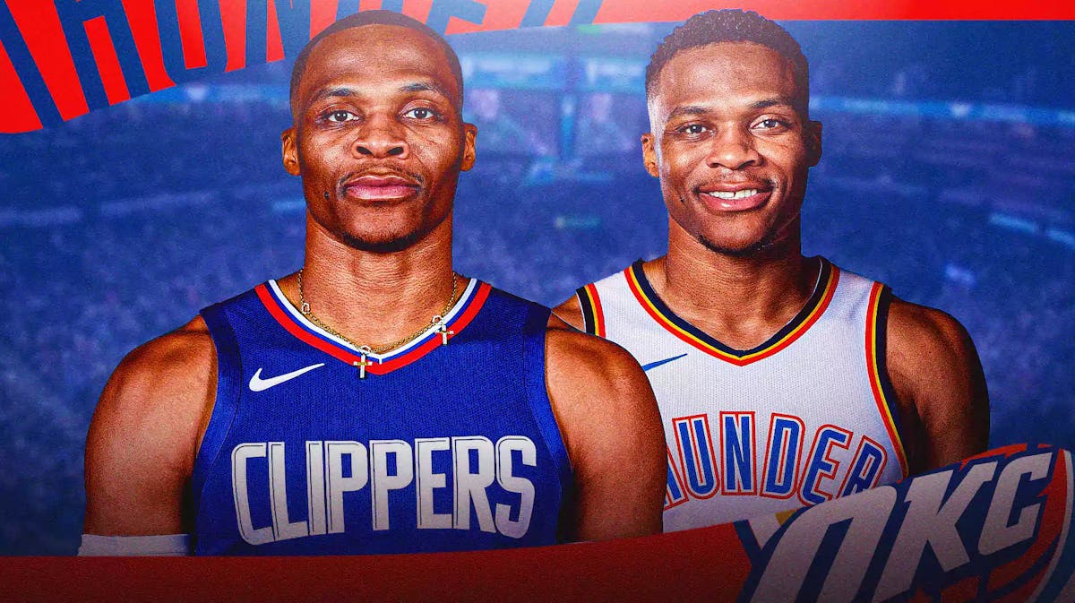 A double image of Russell Westbrook, one of him in his old Thunder jersey and the other in his current Clippers jersey