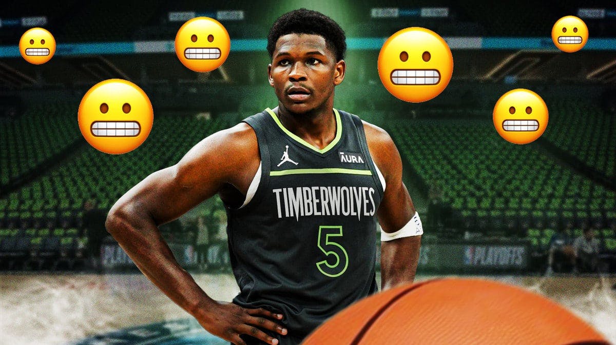 Timberwolves' Anthony Edwards looking serious with concerned emojis in the background