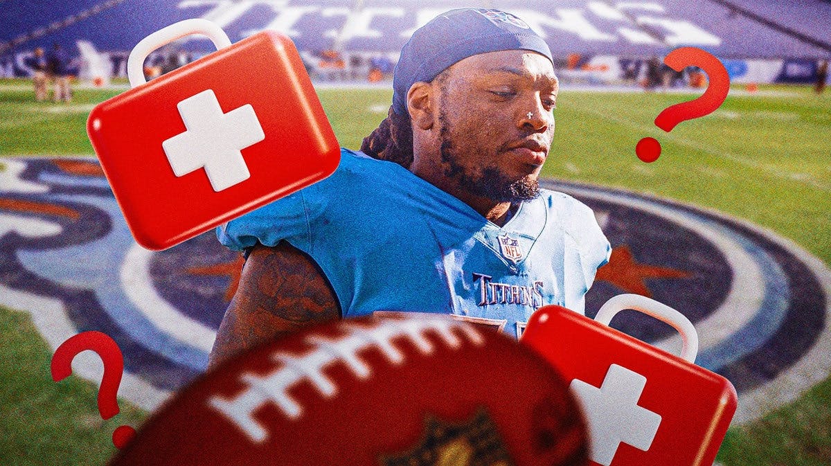 Titans' Derrick Henry looking tired, with medical red cross and question marks all over