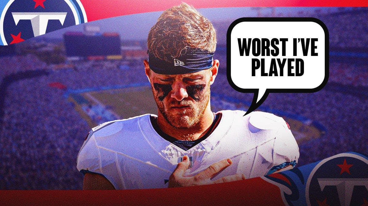 Tennessee Titans QB Will Levis and speech bubble “Worst I’ve Played”