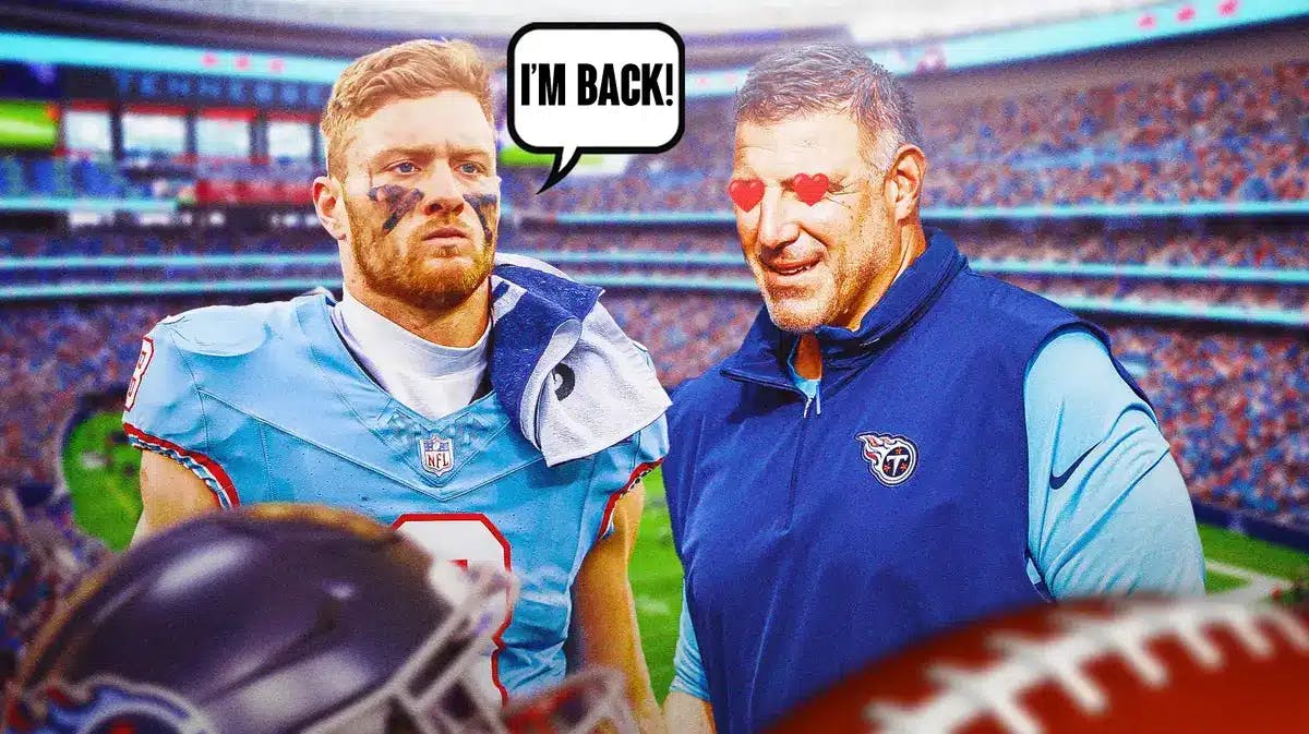 Will Levis with a speech bubble that says “I’m back!” Mike Vrabel on the other side with hearts in his eyes.