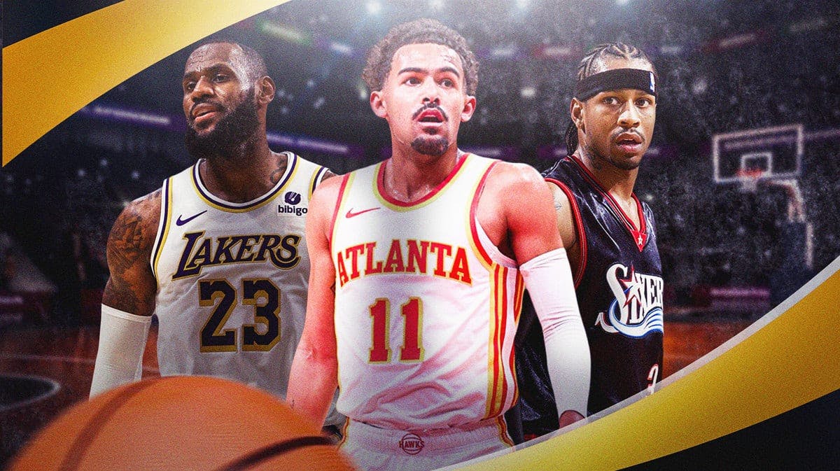 Hawks guard Trae Young next to Allen Iverson and LeBron James