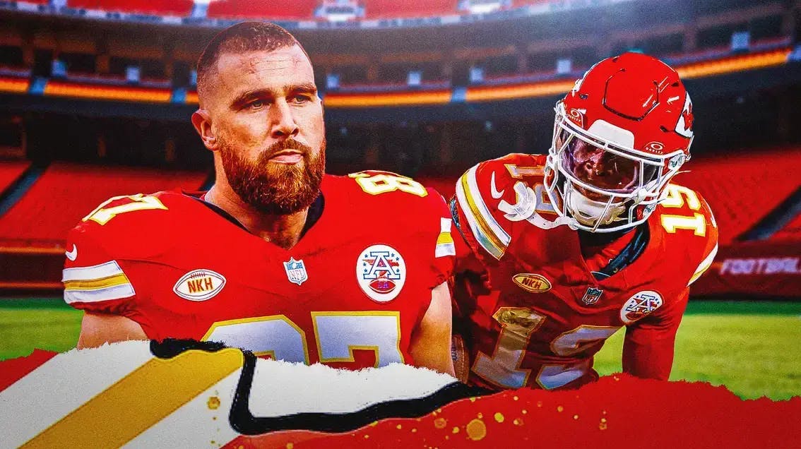 Photo: Travis Kelce and Kadarius Toney in Chiefs uniform with Chiefs fans behind them