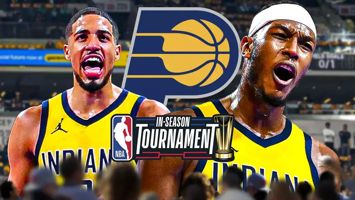 Myles Turner and Tyrese Haliburton with the Pacers logo and NBA In-Season Tournament logo in the background
