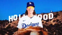 Dodgers' Tyler Glasnow with stars in his eyes in front of the Hollywood Sign.