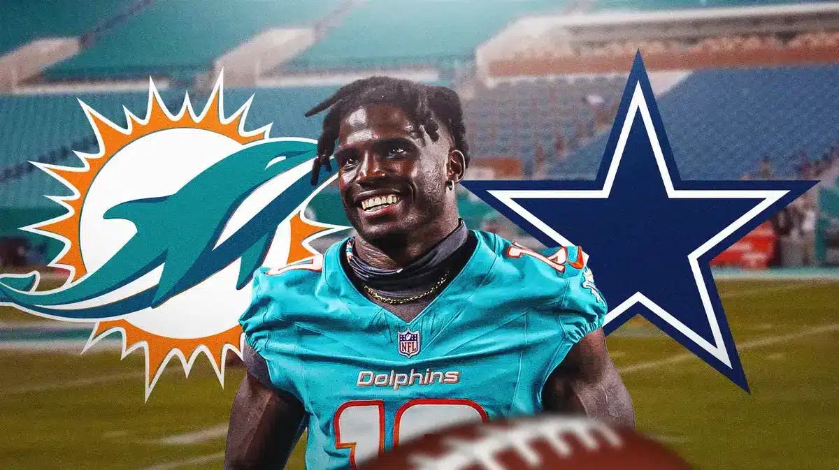 Tyreek Hill in front of the logos for the Dolphins and Cowboys