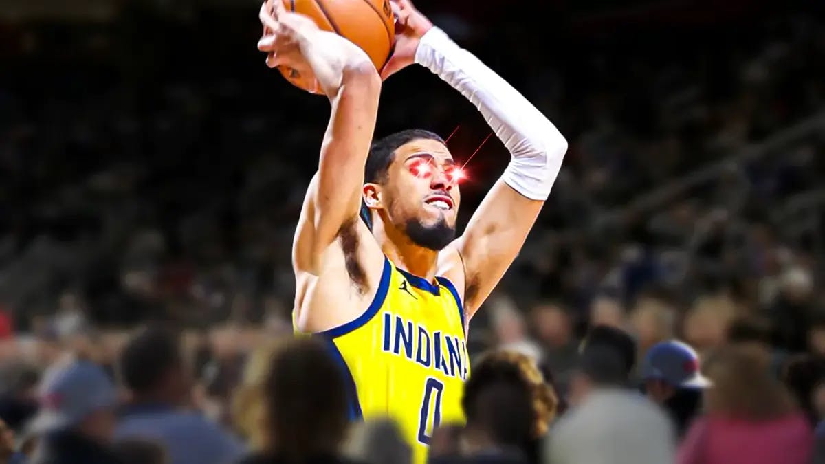 ACTION SHOT of Tyrese Haliburton (Pacers) with laser eyes