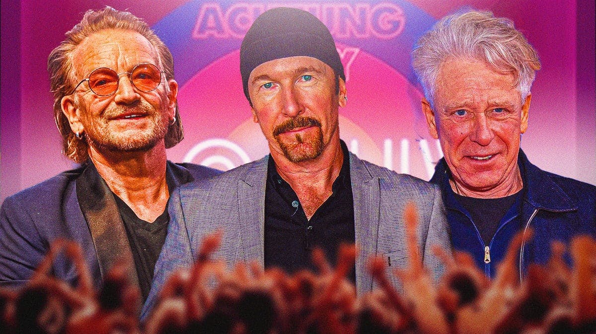 Bono, The Edge, Adam Clayton with U2:UV Achtung Baby Live at Sphere logo background.