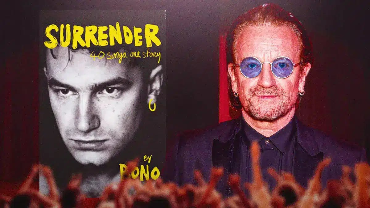 U2 Bono next to memoir, Surrender: 40 Songs, One Story book cover.