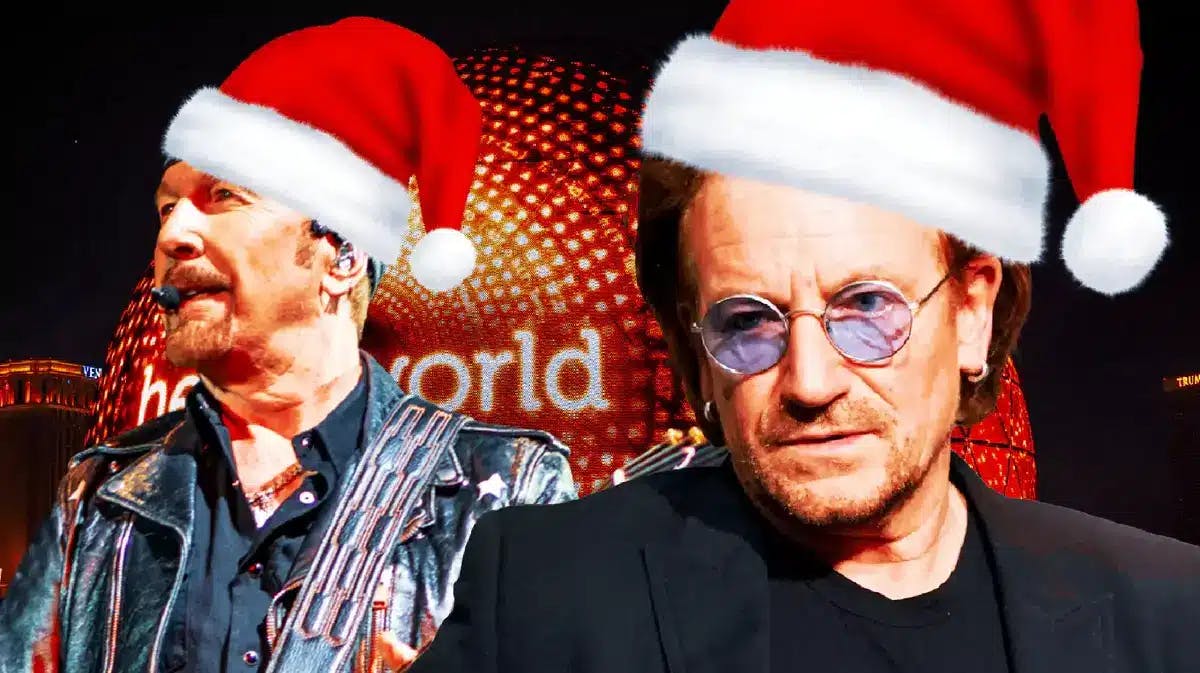 U2 The Edge and Bono with Christmas hats and Sphere background.