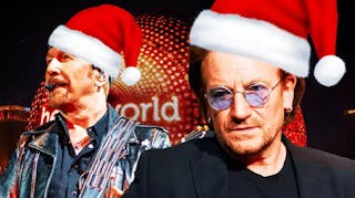 U2 The Edge and Bono with Christmas hats and Sphere background.