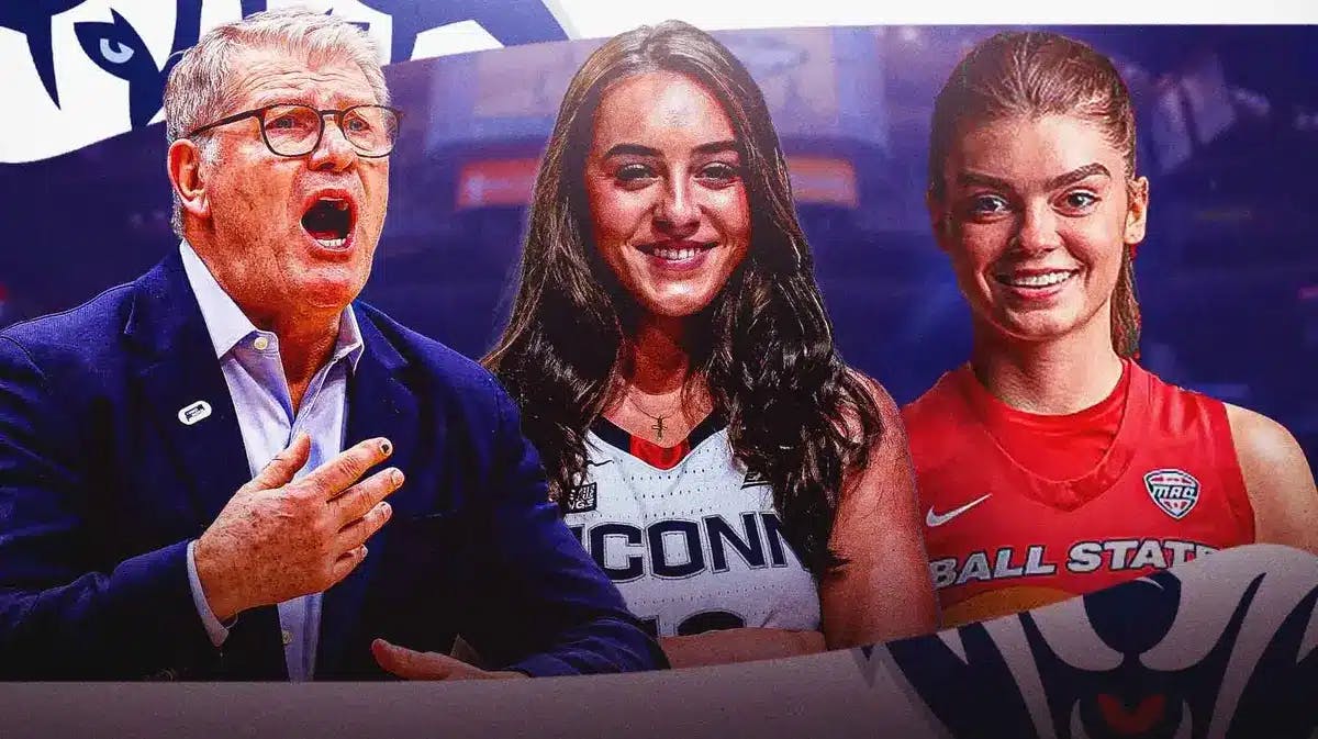UConn women’s basketball Geno Auriemma, with UConn women’s basketball player Nika Muhl and Ball State women’s basketball player Hana Muhl