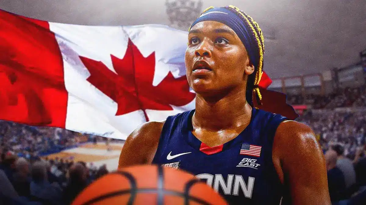 UConn women’s basketball player Aaliyah Edwards, in her UConn uniform, in front of a Canadian flag