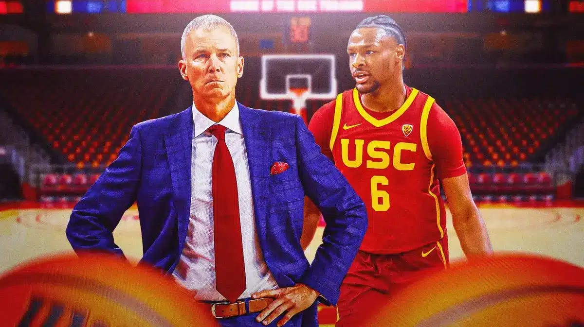 USC Basketball head coach Andy Enfield and Bronny James in front of the Galen Center.