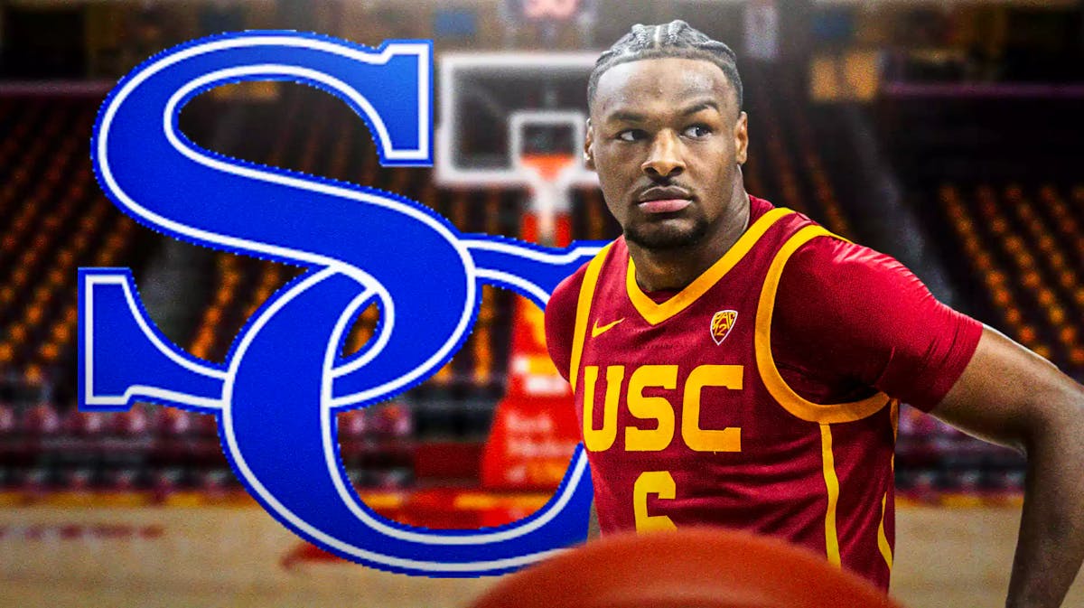 USC basketball, Trojans, Sierra Canyon, Sierra Canyon docuseries, Bronny James, Bronny James in USC uni and Sierra Canyon High School logo with USC basketball arena in the background