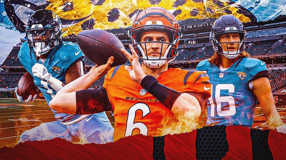 Jake Browning in middle of image looking happy with fire around him, Travis Etienne and Trevor Lawrence on either side looking stern, Bengals and Jaguars logos, football field in background