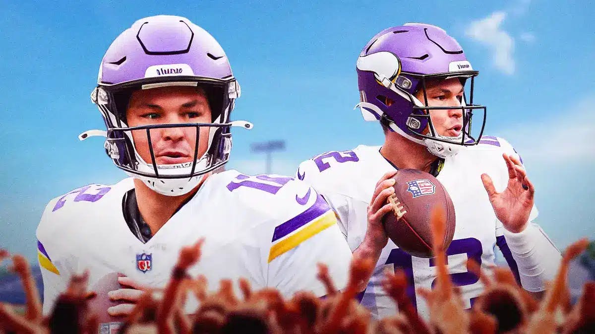 Vikings' Nick Mullens in front smiling. In background, Vikings' Nick Mullens throwing a football.