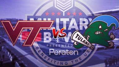 Photo: Virginia Tech vs Tulane football logos, Military Bowl logo in background