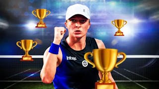Women’s tennis player Iga Swiatek in her tennis gear, with trophy emojis