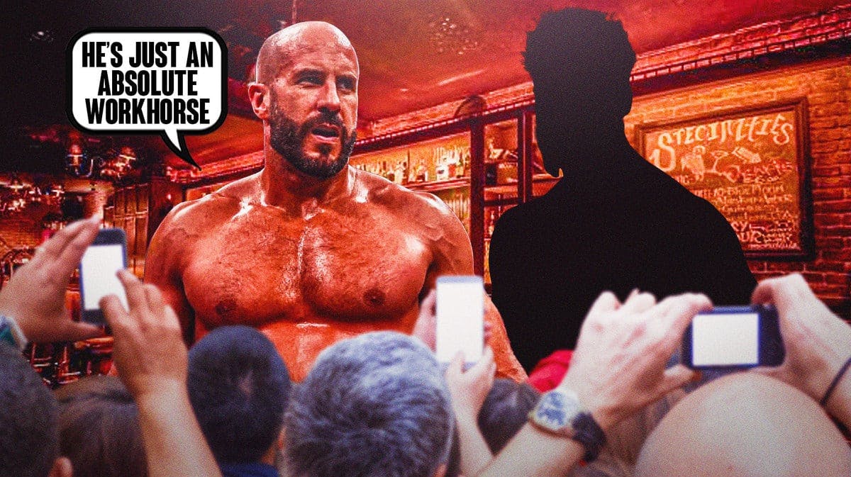 Claudio Castagnoli with a text bubble reading “He’s just an absolute workhorse” next to the blacked-out silhouette of Sheamus inside of a bar.