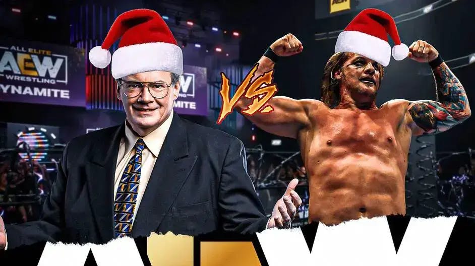 Jim Cornette on the left with a Santa hat on, Chris Jericho on the right with a Santa hat on with a Vs. logo between them and the AEW logo as the background.