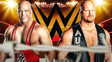 Kurt Angle next to “Stone Cold” Steve Austin with the WWE logo as the background.