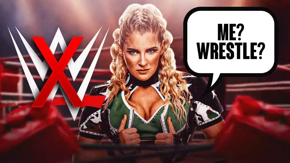 Lacey Evans with a text bubble ready “Me? Wrestle?” in a wrestling ring with the crossed out WWE logo in the background.