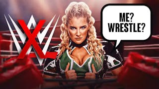Lacey Evans with a text bubble ready “Me? Wrestle?” in a wrestling ring with the crossed out WWE logo in the background.