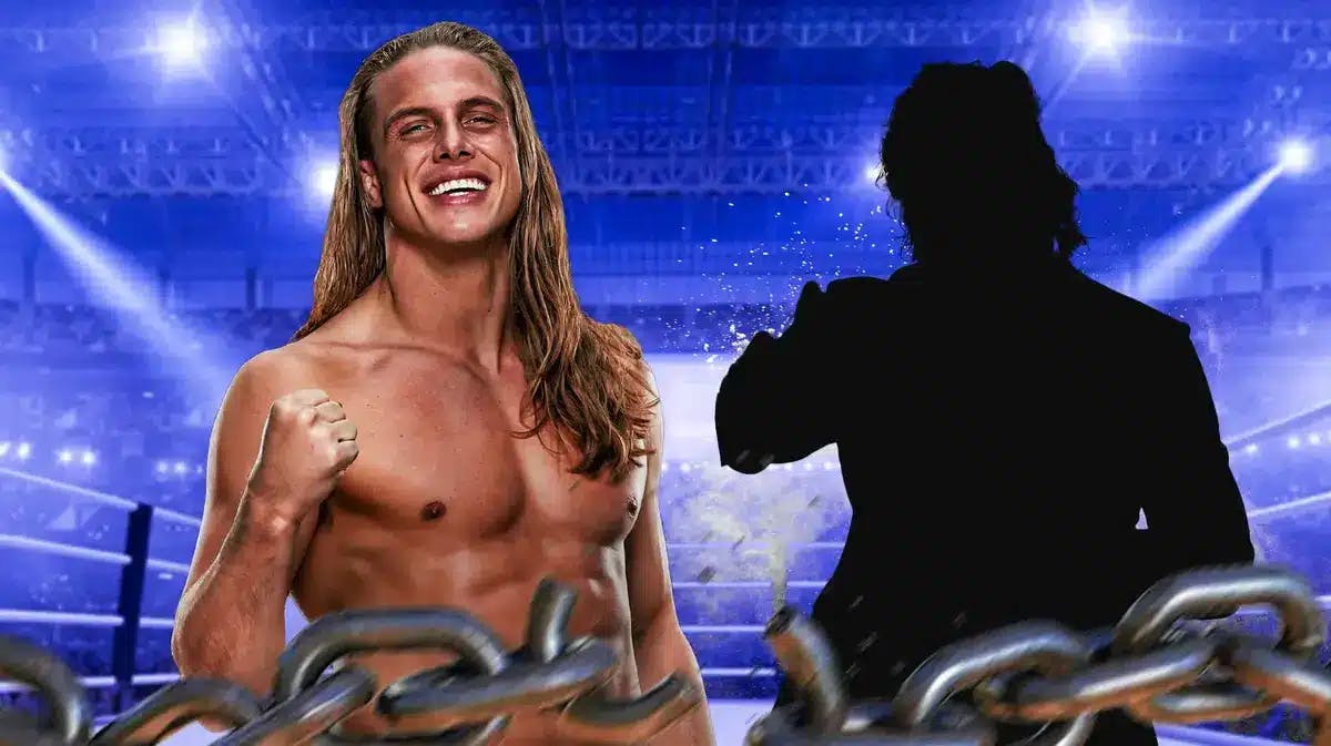 Matt Riddle next to the blacked out silhouette of Kenny Omega inside of a wrestling ring.