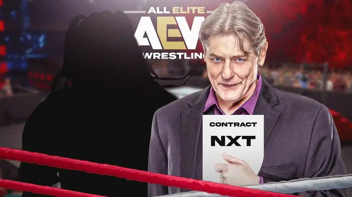 William Regal holding a contract with the word NXT on it next to the blacked-out silhouette of Mariah May with the AEW logo as the background.