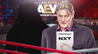 William Regal holding a contract with the word NXT on it next to the blacked-out silhouette of Mariah May with the AEW logo as the background.